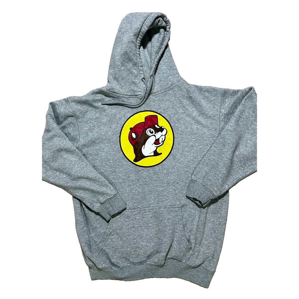 Buc-Ees Hoodie Sweatshirt MED Gray Bucees Beaver Pullover Adult Logo